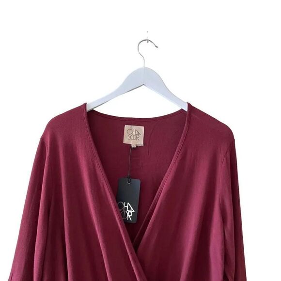 NWT Chaser Revolve Cotton FLARED SLEEVE SURPLICE  Faux Wrap Top Old Zin  Sz M - Picture 3 of 13